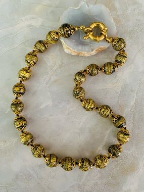 Greta Murano Gold and Black Glass Beaded Filigree Necklace Vintage